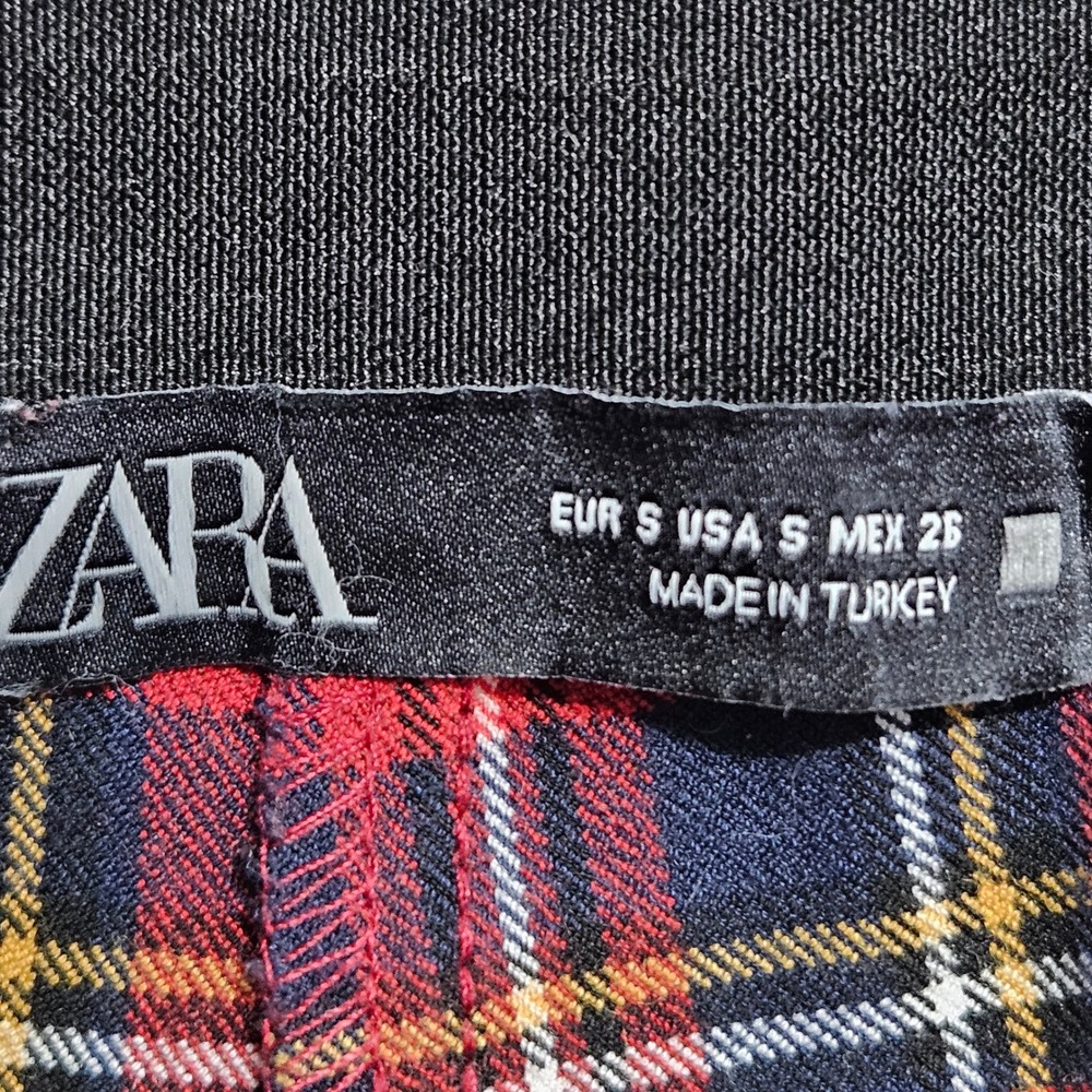 Zara Plaid Trousers Women Size S Red Tartan Slim Fit Stretch Pull On Pants - Picture 3 of 8